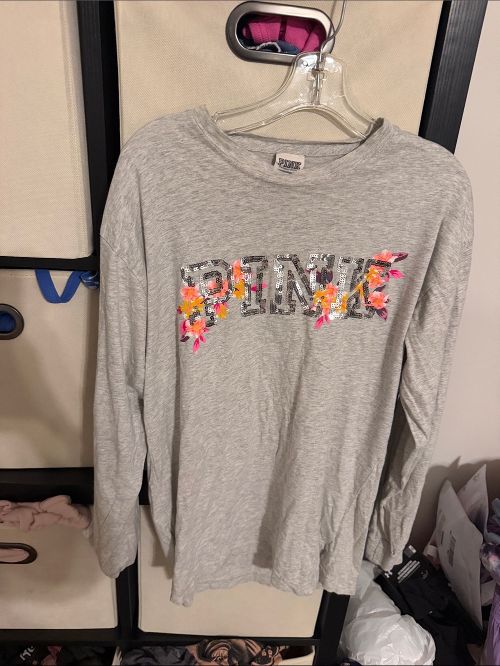 PINK Victoria's Secret Gray Long-Sleeve Tee with Neon Floral Logo